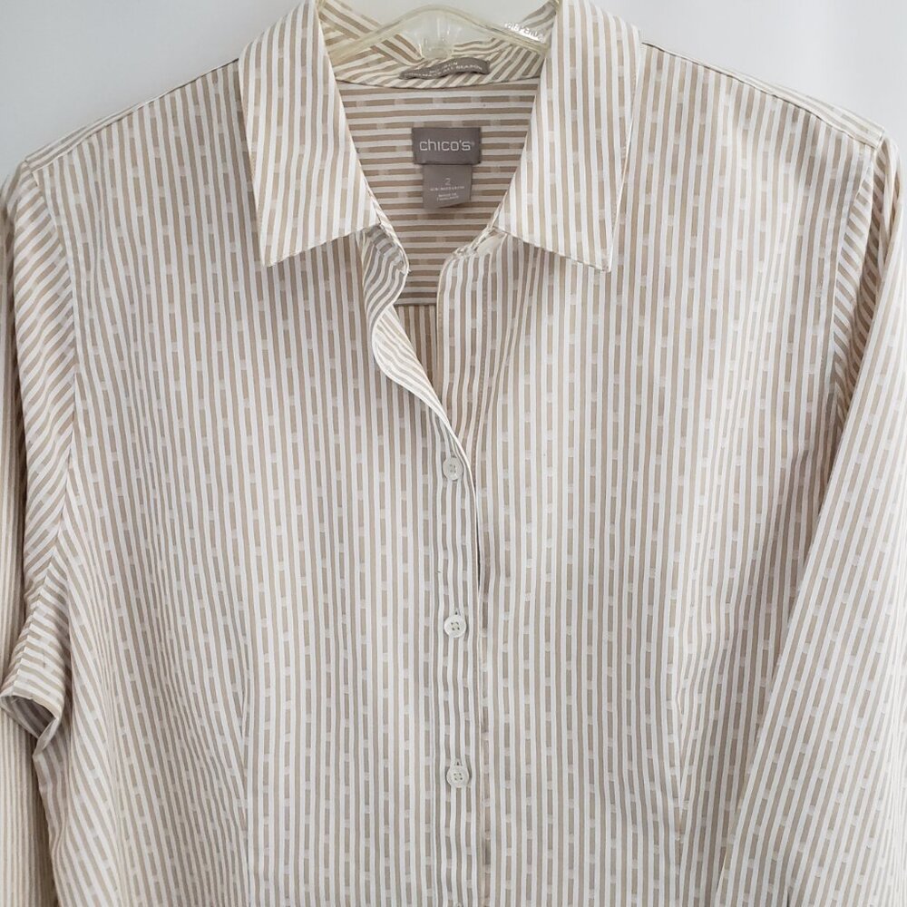 Chicos No-Iron Button-Down Shirt MEDIUM (12/14) Beige Stripes Polka Dots CoolMax